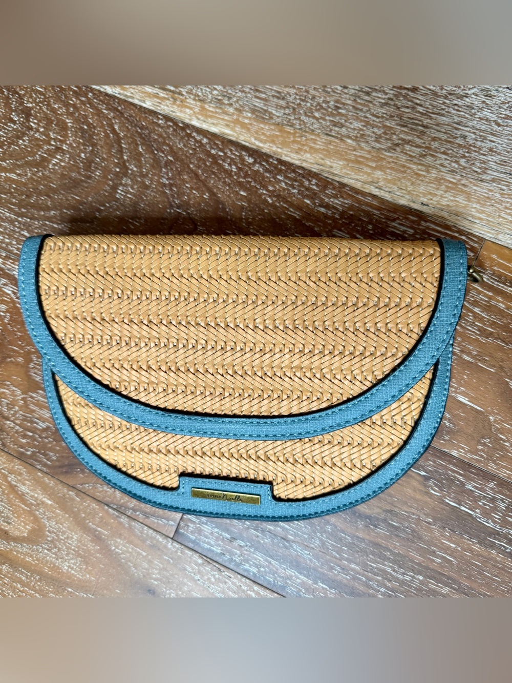 Simply Nicole Woven Straw Half-Moon Clutch Purse Bag with Medium Blue Trim